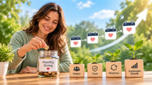 Smiling woman making a monthly donation, illustrating recurring donations and sustainable nonprofit fundraising growth.