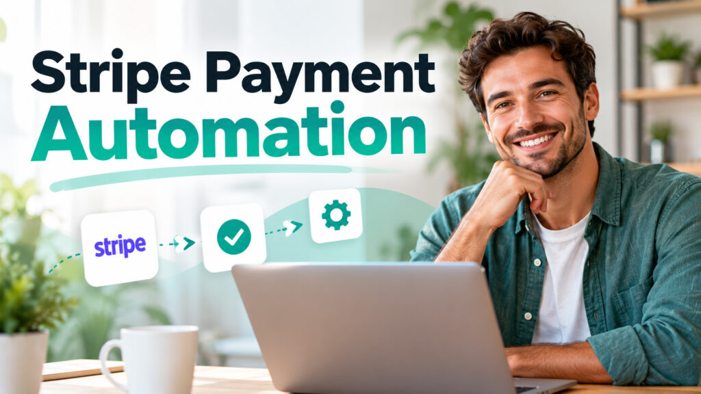 Stripe Payment Automation – smiling professional using a laptop with automated payment workflow icons.