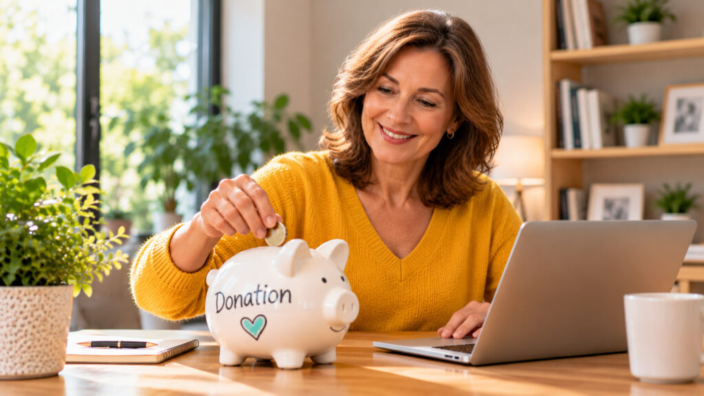 Smiling middle-aged woman putting a coin into a white donation piggy bank while sitting at a desk with her laptop.