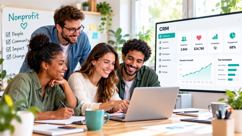 A nonprofit team working together in a modern office, reviewing donor management, fundraising campaigns, and donation statistics on a CRM dashboard.