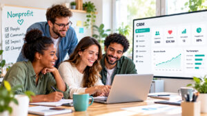 A nonprofit team working together in a modern office, reviewing donor management, fundraising campaigns, and donation statistics on a CRM dashboard.