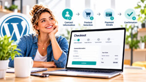 Multi-step checkout form in WordPress showing contact information, payment details, and order confirmation stages.